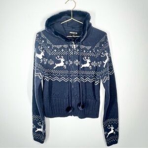 NWT Arden B Fair Isle Reindeer Zip Up Hooded Sweater Navy Blue White Large